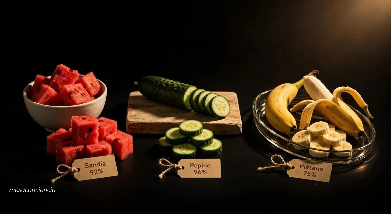 Mesa de madera rústica con tela de lino: jarra de cristal y vaso con hielo y menta sobre tabla redonda de madera, rodeados de rodajas de pepino, tomates cherry, gajos de naranja, sandía y hojas de menta dispersas
