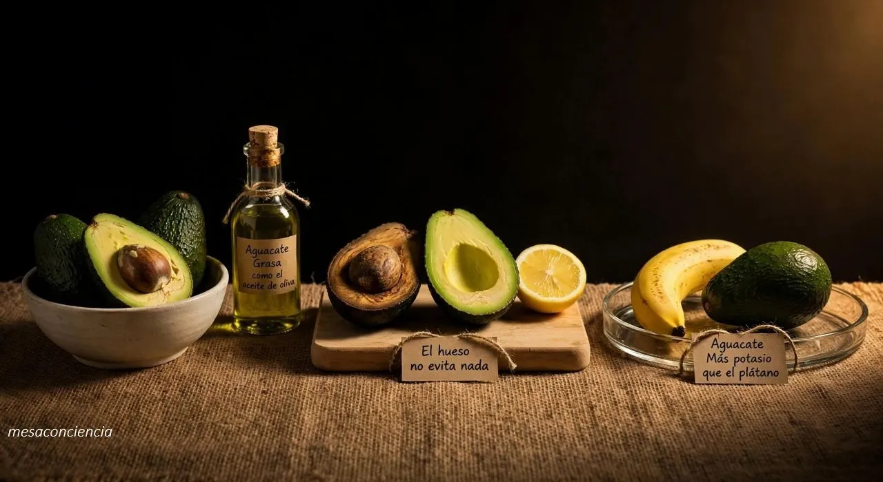 Fotografía editorial sobre fondo oscuro con aguacate en tres grupos: a la izquierda, un cuenco de cerámica clara con aguacates enteros y uno cortado por la mitad mostrando el hueso, junto a una botella de aceite de oliva; en el centro, sobre una tabla de madera clara, medio aguacate ya oscurecido junto a otra mitad recién cortada y un limón partido; a la derecha, una bandeja de cristal transparente con un plátano y un aguacate entero uno junto al otro. Cada grupo lleva una etiqueta de papel kraft: «Aguacate · Grasa como el aceite de oliva», «El hueso no evita nada» y «Aguacate · Más potasio que el plátano».