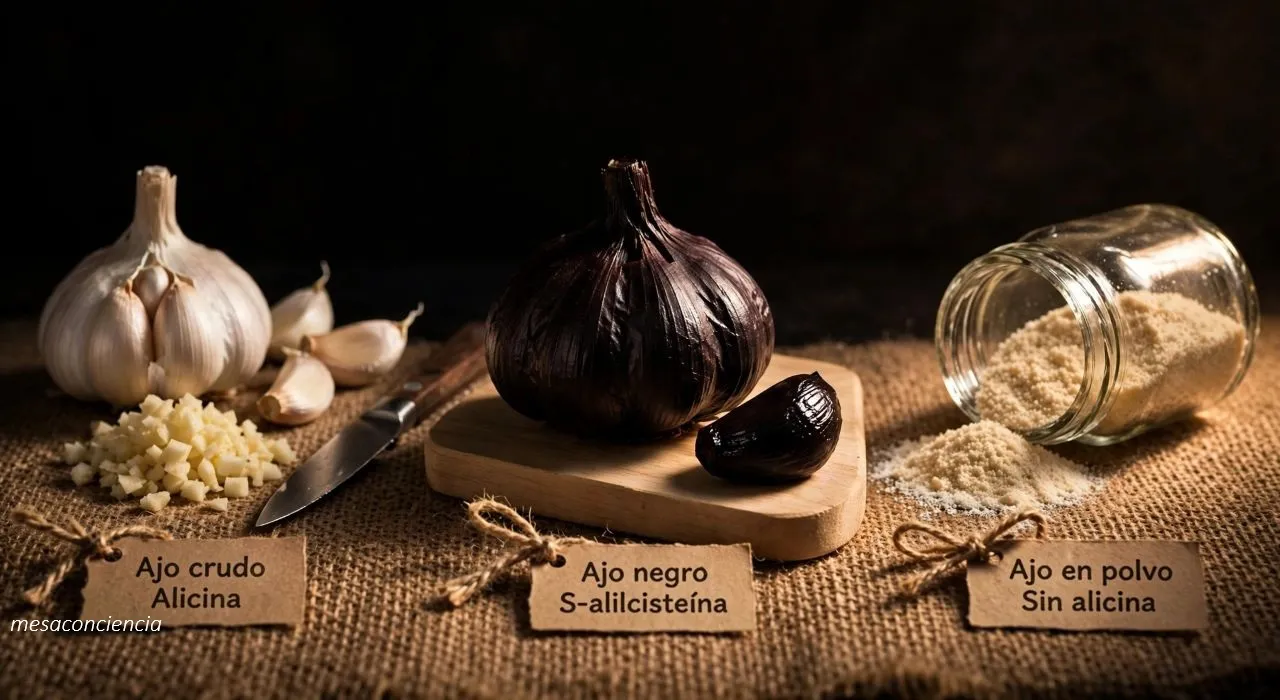 Fotografía editorial sobre fondo oscuro con ajo en tres preparaciones: a la izquierda, una cabeza de ajo crudo abierta con varios dientes sueltos, un montón de ajo picado y un cuchillo pequeño; en el centro, una cabeza de ajo negro entera y un diente pelado, muy oscuros y brillantes, sobre una tabla de madera clara; a la derecha, un tarro de cristal tumbado del que se derrama ajo en polvo. Cada grupo lleva una etiqueta de papel kraft: «Ajo crudo · Alicina», «Ajo negro · S-alilcisteína» y «Ajo en polvo · Sin alicina».