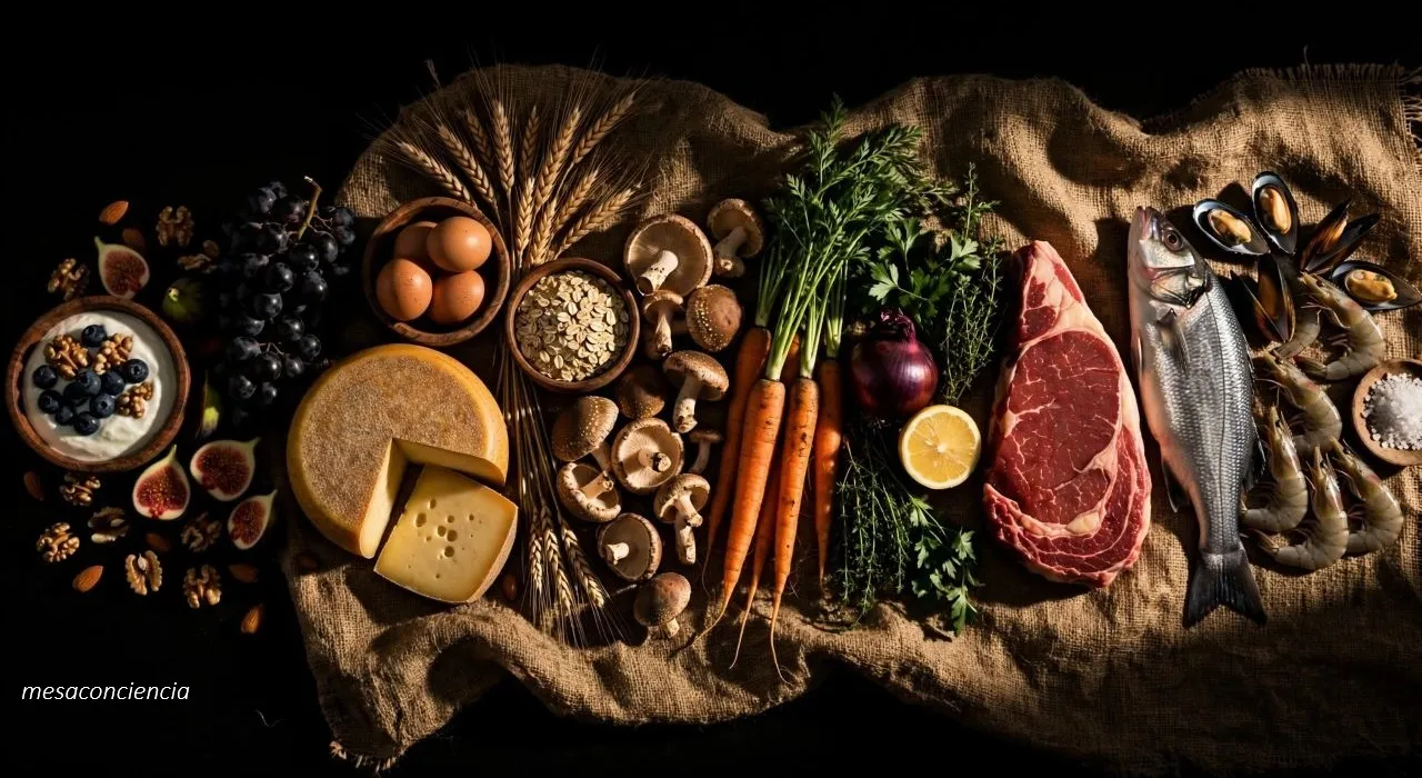 Composición de alimentos variados: carnes, pescados, huevos, lácteos, frutos secos, frutas, verduras y cereales sobre tela de arpillera