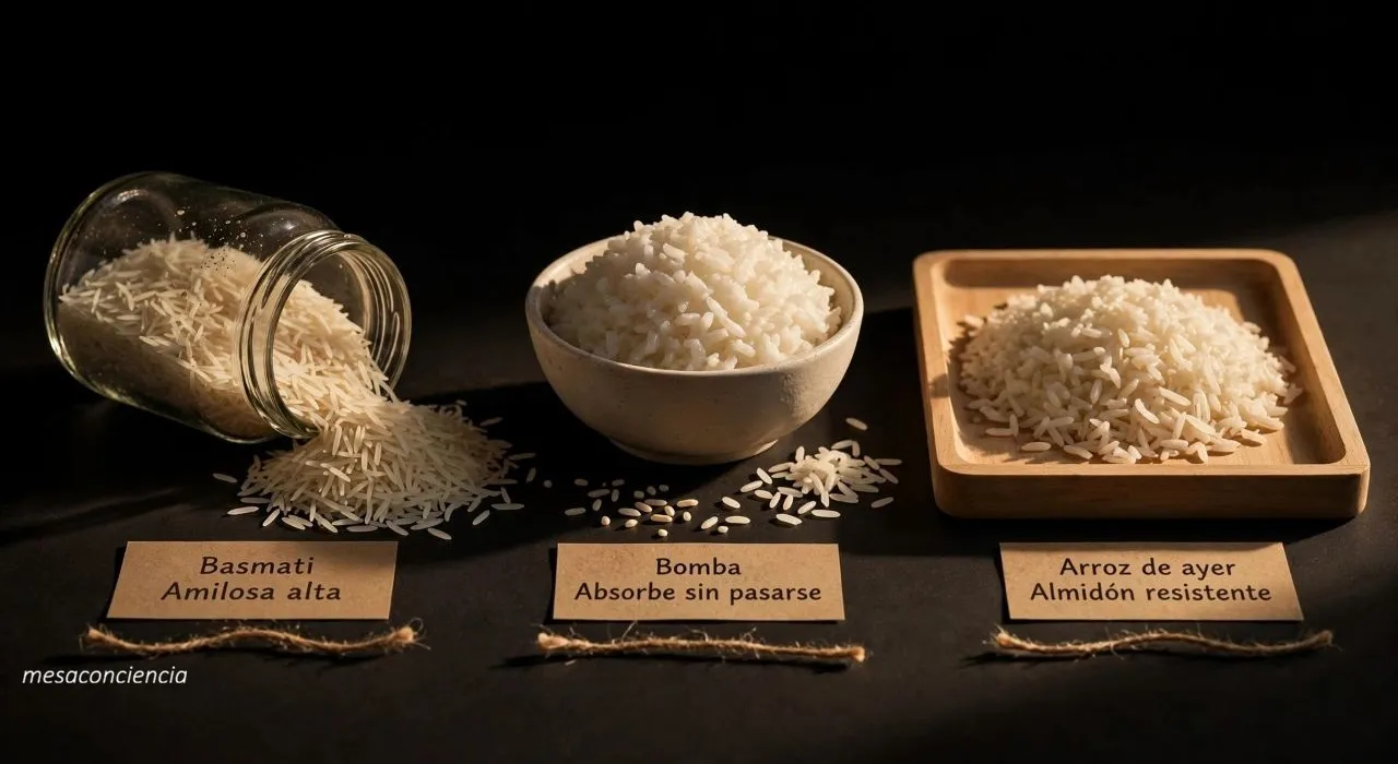 Fotografía editorial sobre fondo oscuro con tres grupos: a la izquierda, un tarro de cristal tumbado con grano de arroz basmati largo derramado; en el centro, un cuenco de cerámica clara con arroz bomba cocido de grano corto; a la derecha, una bandeja cuadrada de madera clara con arroz cocido y frío, de aspecto suelto. Cada grupo lleva una etiqueta de papel kraft: «Basmati · Amilosa alta», «Bomba · Absorbe sin pasarse» y «Arroz de ayer · Almidón resistente».