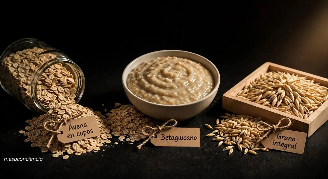 Fotografía editorial sobre fondo oscuro con tres grupos: a la izquierda, un tarro de cristal tumbado con copos de avena derramados; en el centro, un cuenco de cerámica clara con avena cocida en forma de gachas espesas y viscosas; a la derecha, una bandeja de madera clara con grano integral de avena y espigas enteras encima. Cada grupo lleva una etiqueta de papel kraft: «Avena en copos», «Betaglucano» y «Grano integral».