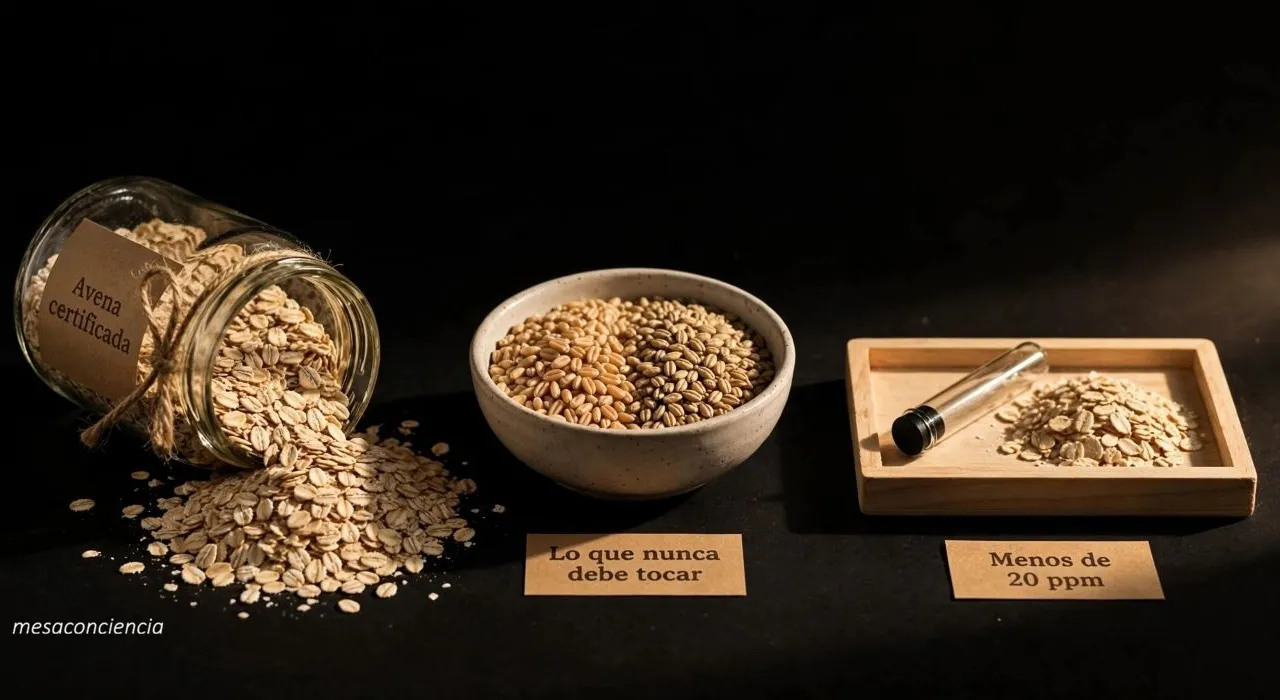 Fotografía editorial sobre fondo oscuro con tres grupos: a la izquierda, un tarro de cristal tumbado con copos de avena derramados y una etiqueta de papel kraft atada al propio tarro con el texto «Avena certificada»; en el centro, un cuenco de cerámica clara con grano de trigo y cebada mezclados; a la derecha, una bandeja de madera clara con un pequeño tubo de ensayo de cristal y un montón de copos de avena. Etiquetas de papel kraft en la mesa: «Lo que nunca debe tocar» y «Menos de 20 ppm».