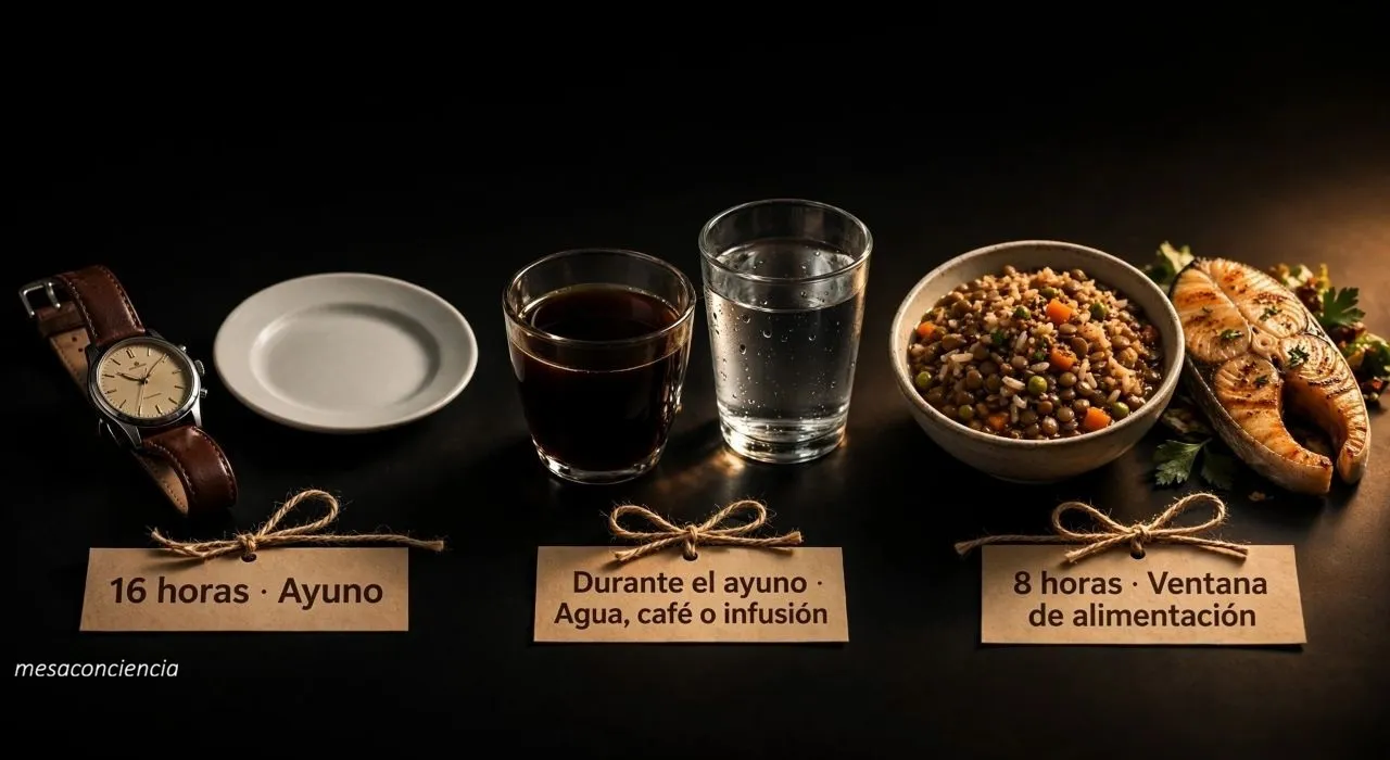 Fotografía editorial sobre fondo oscuro con tres grupos: a la izquierda, un reloj de pulsera analógico abierto junto a un plato de cerámica clara completamente vacío; en el centro, una taza de cristal transparente con café solo junto a un vaso de agua; a la derecha, un cuenco de cerámica clara con lentejas guisadas con verdura variada y arroz integral, junto a un filete de pescado a la plancha. Cada grupo lleva una etiqueta de papel kraft: «16 horas · Ayuno», «Durante el ayuno · Agua, café o infusión» y «8 horas · Ventana de alimentación».