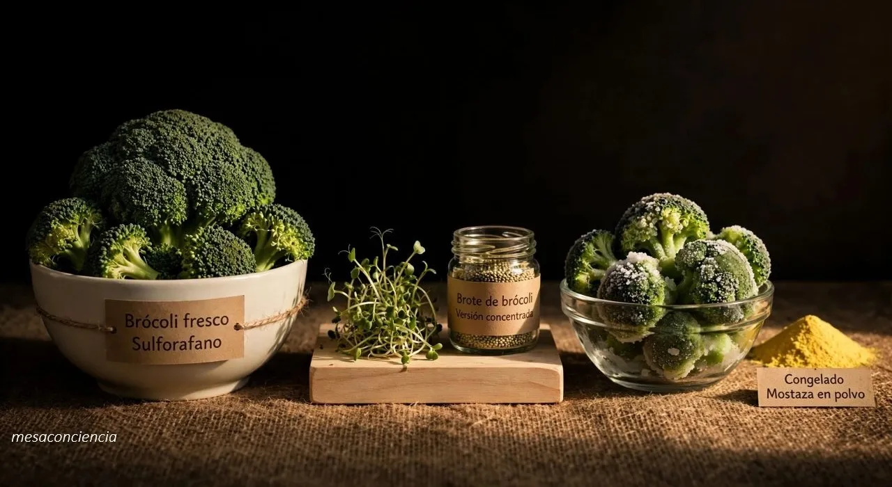 Fotografía editorial sobre fondo oscuro con brócoli en tres formas: a la izquierda, un cuenco de cerámica clara con un brócoli entero y otro cortado en floretes sueltos; en el centro, sobre una tabla de madera clara, un puñado de brotes de brócoli germinados junto a un tarro de semillas para germinar; a la derecha, un cuenco de cristal con brócoli congelado en floretes junto a un montón de mostaza en polvo. Cada grupo lleva una etiqueta de papel kraft: «Brócoli fresco · Sulforafano», «Brote de brócoli · Versión concentrada» y «Congelado · Mostaza en polvo».