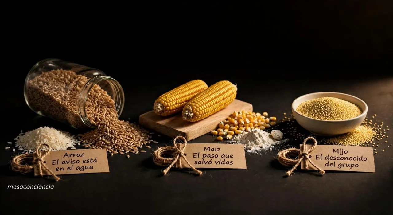 Fotografía editorial sobre fondo oscuro con tres grupos: a la izquierda, un tarro de cristal tumbado con arroz integral derramado, y delante, montones separados de arroz integral y arroz blanco; en el centro, sobre una tabla de madera clara, dos mazorcas de maíz enteras junto a un montón de granos sueltos y un montón de harina de maíz; a la derecha, un cuenco de cerámica clara con mijo, desbordando en un montón delante. Cada grupo lleva una etiqueta de papel kraft: «Arroz · El aviso está en el agua», «Maíz · El paso que salvó vidas» y «Mijo · El desconocido del grupo».