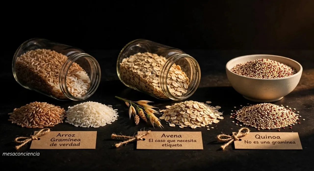 Fotografía editorial sobre fondo oscuro con tres cereales en grupos: a la izquierda, un tarro de cristal tumbado con arroz integral, y delante, dos montones separados de arroz integral y arroz blanco; en el centro, un tarro de cristal tumbado con copos de avena, con una espiga de avena y un montón de copos delante; a la derecha, un cuenco de cerámica clara con quinoa blanca y roja mezclada, con un montón a juego delante. Cada grupo lleva una etiqueta de papel kraft: «Arroz · Gramínea de verdad», «Avena · El caso que necesita etiqueta» y «Quinoa · No es una gramínea».