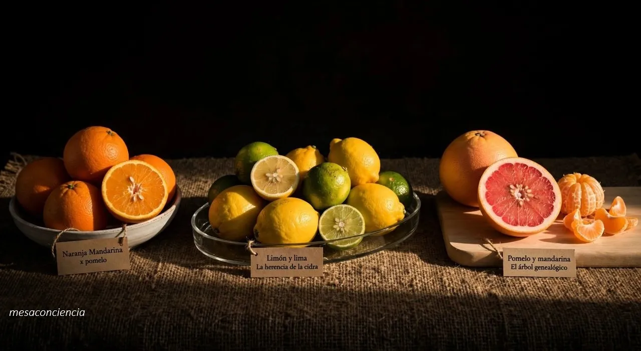Fotografía editorial sobre fondo oscuro con cítricos en tres grupos: a la izquierda, un cuenco de cerámica clara con naranjas enteras y una cortada por la mitad mostrando los gajos; en el centro, una bandeja de cristal transparente con limones y limas mezclados, con uno de cada cortado por la mitad; a la derecha, sobre una tabla de madera clara, un pomelo entero y otro cortado por la mitad mostrando la pulpa rosada, junto a una mandarina pelada con los gajos sueltos. Cada grupo lleva una etiqueta de papel kraft: «Naranja · Mandarina × pomelo», «Limón y lima · La herencia de la cidra» y «Pomelo y mandarina · El árbol genealógico».