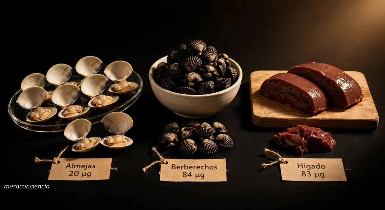 Composición de alimentos ricos en vitamina B12 sobre mesa de madera rústica con tela de lino: platitos de madera con berberechos, almejas abiertas, filete de salmón e hígado de ternera; huevo entero y huevo abierto mostrando la yema en el centro; hierbas frescas dispersas