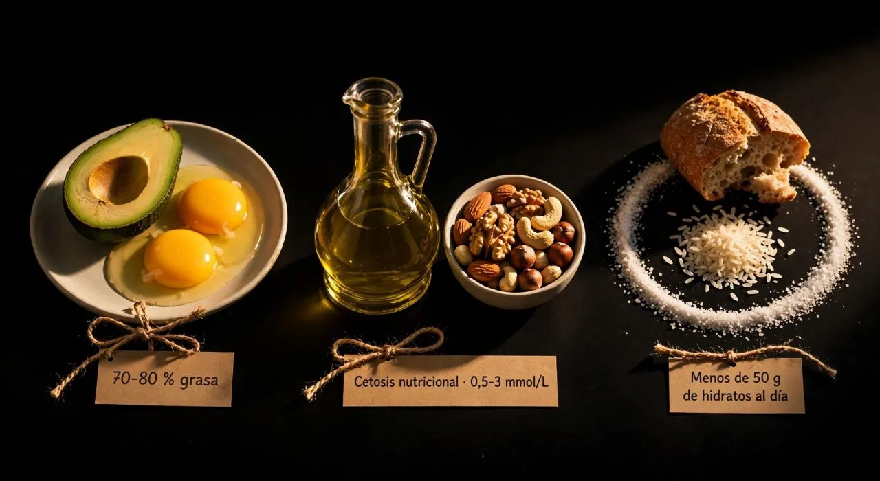 Fotografía editorial sobre fondo oscuro con tres grupos: a la izquierda, un aguacate cortado por la mitad junto a dos huevos rotos con las yemas visibles sobre un plato de cerámica clara; en el centro, una vinajera de cristal transparente con aceite de oliva virgen extra junto a un cuenco pequeño de cerámica clara con frutos secos variados; a la derecha, un trozo de pan rústico y un puñado de arroz crudo rodeados por un círculo de sal gruesa. Cada grupo lleva una etiqueta de papel kraft: «70-80 % grasa», «Cetosis nutricional · 0,5-3 mmol/L» y «Menos de 50 g de hidratos al día».