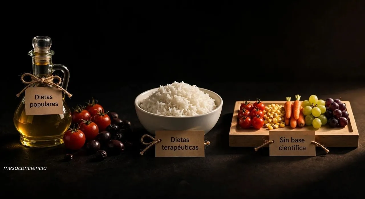 Fotografía editorial sobre fondo oscuro con tres grupos: a la izquierda, una vinajera de cristal con aceite de oliva virgen extra, junto a un montón de tomates cherry y aceitunas negras; en el centro, un cuenco de cerámica clara con arroz blanco cocido sin aderezo; a la derecha, una bandeja de madera clara con un surtido de fruta y verdura de distintos colores en gradiente —tomate cherry, maíz, zanahoria baby, uva verde y uva morada—. Cada grupo lleva una etiqueta de papel kraft: «Dietas populares», «Dietas terapéuticas» y «Sin base científica».
