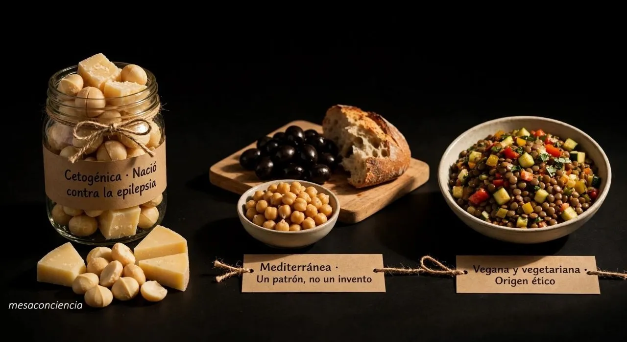 Fotografía editorial sobre fondo oscuro con tres grupos: a la izquierda, un tarro de cristal con nueces de macadamia y trozos de queso curado; en el centro, una tabla de madera clara con aceitunas negras, un trozo de pan rústico partido y un cuenco de cerámica clara con garbanzos cocidos; a la derecha, un cuenco de cerámica clara con una mezcla de lentejas cocidas y verduras frescas troceadas. Cada grupo lleva una etiqueta de papel kraft: «Cetogénica · Nació contra la epilepsia», «Mediterránea · Un patrón, no un invento» y «Vegana y vegetariana · Origen ético».