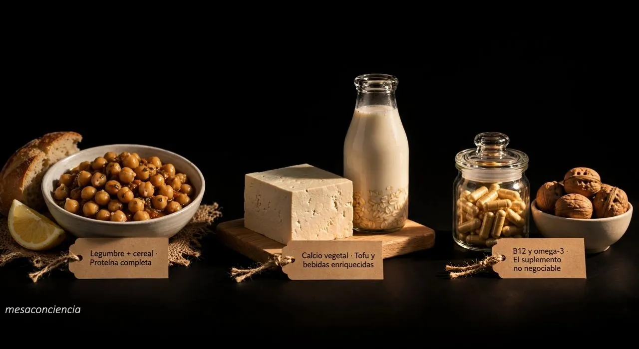 Fotografía editorial sobre fondo oscuro con tres grupos: a la izquierda, un cuenco de cerámica clara con garbanzos guisados junto a un trozo de pan integral partido y un gajo de limón; en el centro, un bloque de tofu firme sobre una tabla de madera clara junto a un vaso de cristal transparente con bebida de avena; a la derecha, un pequeño frasco de cristal transparente con cápsulas junto a un cuenco pequeño de cerámica clara con nueces. Cada grupo lleva una etiqueta de papel kraft: «Legumbre + cereal · Proteína completa», «Calcio vegetal · Tofu y bebidas enriquecidas» y «B12 y omega-3 · El suplemento no negociable».