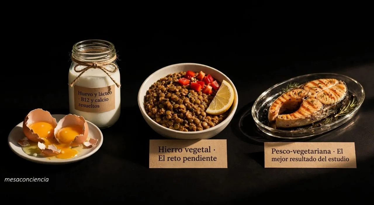 Fotografía editorial sobre fondo oscuro con tres grupos: a la izquierda, dos huevos rotos con las yemas visibles sobre un plato de cerámica clara junto a un tarro de cristal transparente con leche; en el centro, un cuenco de cerámica clara con lentejas guisadas junto a un gajo de limón y trocitos de pimiento rojo crudo; a la derecha, una bandeja ovalada de cristal transparente con un filete de pescado a la plancha. Cada grupo lleva una etiqueta de papel kraft: «Huevo y lácteo · B12 y calcio resueltos», «Hierro vegetal · El reto pendiente» y «Pesco-vegetariana · El mejor resultado del estudio».