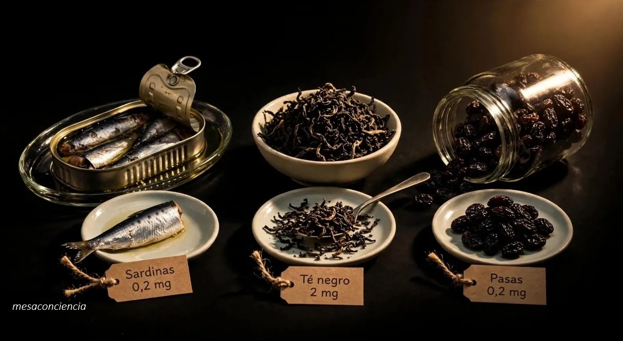 Mesa de madera rústica con tela de lino: plato redondo central con sardinas en lata abiertas mostrando las espinas, tabla de madera con filete de bacalao cocido, cuenco de uvas pasas, taza de cerámica con té negro y hojas de té dispersas sobre el lino