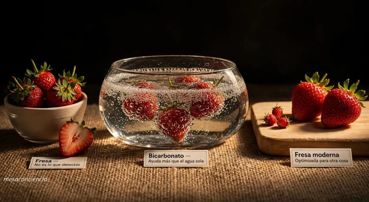 Fotografía editorial sobre fondo oscuro con fresa en tres grupos: a la izquierda, un cuenco de cerámica clara con fresas enteras con el tallo verde y una cortada por la mitad mostrando los puntitos de la superficie; en el centro, un cuenco de cristal transparente con fresas sumergidas en agua con bicarbonato y burbujas visibles; a la derecha, sobre una tabla de madera clara, fresas silvestres pequeñas junto a fresas grandes de cultivo comercial. Cada grupo lleva una etiqueta de papel kraft: «Fresa · No es lo que detectas», «Bicarbonato · Ayuda más que el agua sola» y «Fresa moderna · Optimizada para otra cosa».