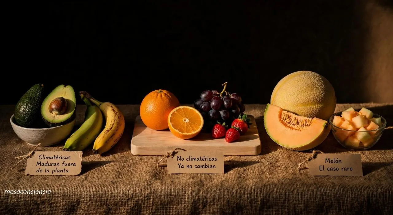 Fotografía editorial sobre fondo oscuro con fruta fresca en tres grupos: a la izquierda, un cuenco de cerámica clara con dos aguacates —uno entero y otro cortado por la mitad mostrando el hueso— junto a un plátano verde y otro maduro; en el centro, sobre una tabla de madera clara, una naranja entera y otra cortada por la mitad, junto a un racimo de uvas y varias fresas; a la derecha, un melón entero y un cuarto cortado mostrando la pulpa, en un cuenco de cerámica clara. Cada grupo lleva una etiqueta de papel kraft: «Climatéricas · Maduran fuera de la planta», «No climatéricas · Ya no cambian» y «Melón · El caso raro».