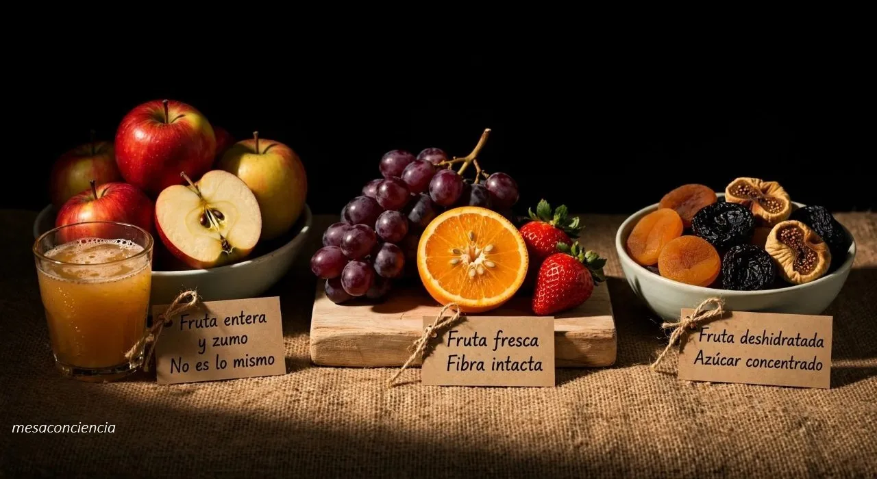 Fotografía editorial sobre fondo oscuro con fruta en tres formas: a la izquierda, un cuenco de cerámica clara con manzanas enteras y una cortada por la mitad, junto a un vaso de cristal con zumo de manzana; en el centro, sobre una tabla de madera clara, un racimo de uvas, fresas y una naranja cortada por la mitad; a la derecha, un cuenco de cerámica clara con orejones, ciruelas pasas e higos secos. Cada grupo lleva una etiqueta de papel kraft: «Fruta entera y zumo · No es lo mismo», «Fruta fresca · Fibra intacta» y «Fruta deshidratada · Azúcar concentrado».
