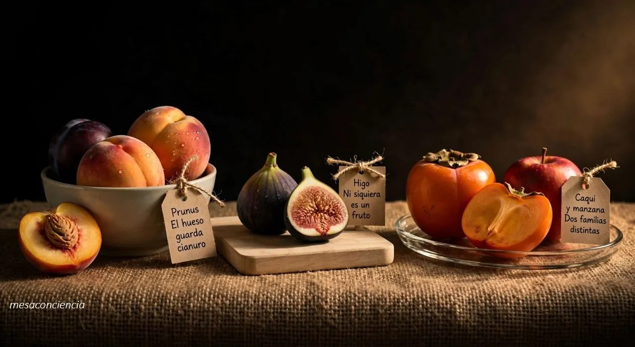 Fotografía editorial sobre fondo oscuro con frutas dulces en tres grupos: a la izquierda, un cuenco de cerámica clara con melocotones y una ciruela, y delante medio melocotón partido mostrando el hueso; en el centro, sobre una tabla de madera clara, un higo entero y otro cortado por la mitad mostrando el interior granulado; a la derecha, una bandeja de cristal transparente con un caqui entero y otro cortado por la mitad junto a una manzana con piel roja. Cada grupo lleva una etiqueta de papel kraft: «Prunus · El hueso guarda cianuro», «Higo · Ni siquiera es un fruto» y «Caqui y manzana · Dos familias distintas».