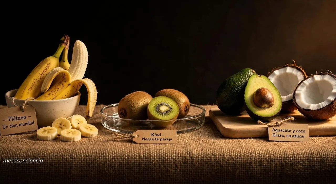Fotografía editorial sobre fondo oscuro con frutas exóticas en tres grupos: a la izquierda, un cuenco de cerámica clara con plátanos enteros y uno pelado a medias, con rodajas de plátano delante; en el centro, una bandeja de cristal transparente con kiwis enteros y otro cortado por la mitad mostrando el interior verde; a la derecha, sobre una tabla de madera clara, un aguacate entero y otro cortado por la mitad junto a un coco partido en dos mostrando la pulpa blanca. Cada grupo lleva una etiqueta de papel kraft: «Plátano · Un clon mundial», «Kiwi · Necesita pareja» y «Aguacate y coco · Grasa, no azúcar».