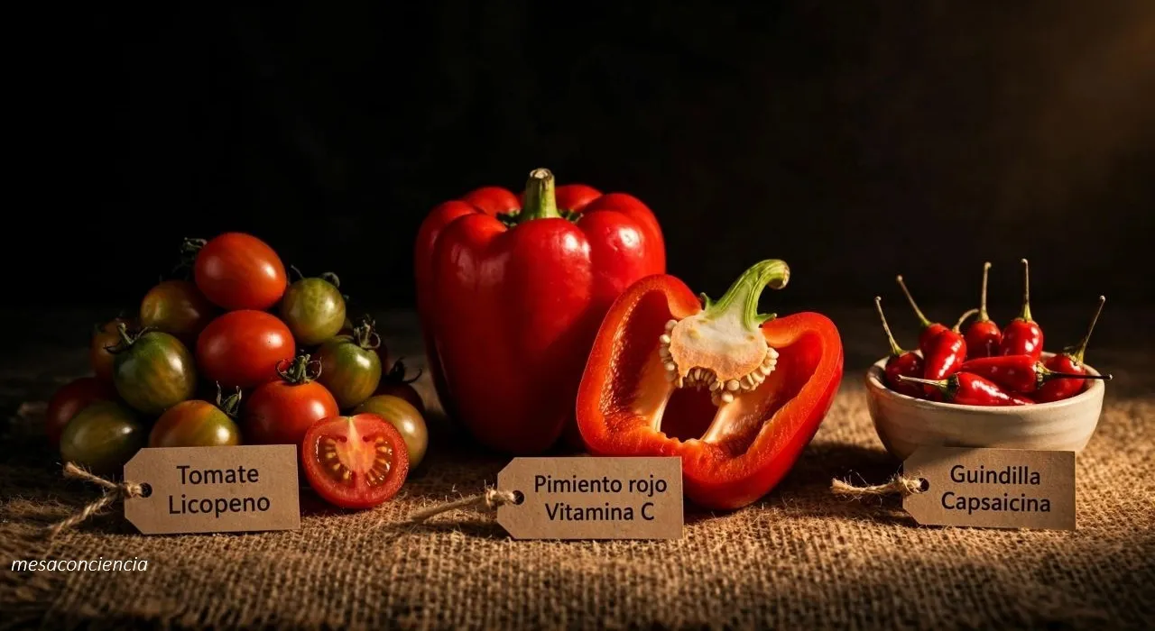 Fotografía editorial sobre fondo oscuro con tres hortalizas de fruto: a la izquierda, tomates verdes y maduros mezclados, con uno partido por la mitad mostrando el interior rojo; en el centro, un pimiento rojo entero y otro partido mostrando las semillas y el interior blanco; a la derecha, un cuenco de cerámica clara con guindillas rojas picantes. Cada grupo lleva una etiqueta de papel kraft: «Tomate · Licopeno», «Pimiento rojo · Vitamina C» y «Guindilla · Capsaicina».
