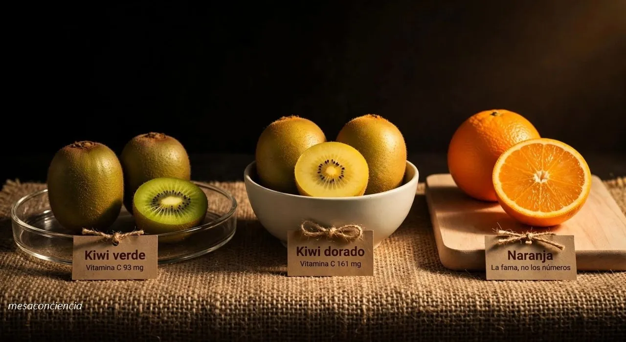 Fotografía editorial sobre fondo oscuro con kiwi en tres grupos: a la izquierda, una bandeja de cristal transparente con kiwis verdes enteros y otro cortado por la mitad mostrando el interior verde con semillas negras; en el centro, un cuenco de cerámica clara con kiwis dorados enteros y otro cortado por la mitad mostrando la pulpa amarilla; a la derecha, sobre una tabla de madera clara, una naranja entera y otra cortada por la mitad. Cada grupo lleva una etiqueta de papel kraft: «Kiwi verde · Vitamina C 93 mg», «Kiwi dorado · Vitamina C 161 mg» y «Naranja · La fama, no los números».