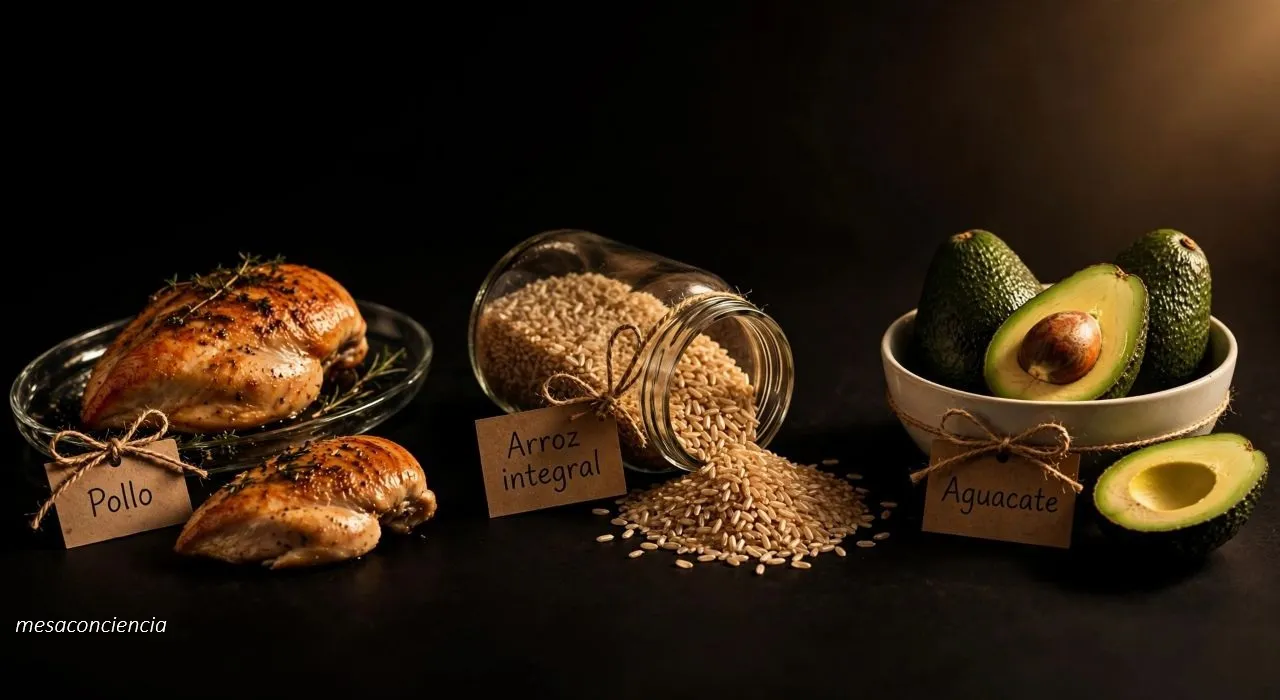 Mesa de madera rústica con tela de lino: tres tablas de madera con grupos de hidratos de carbono (pan, arroz, pasta, avena), proteínas (salmón, pollo a la plancha, huevo) y grasas (aguacate, aceite de oliva, nueces, queso)