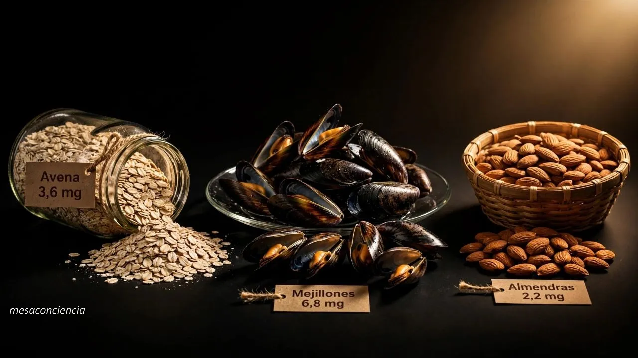 Fondo negro con tres fuentes de manganeso: tarro de cristal con copos de avena (3,6 mg), bandeja de cristal con mejillones cocidos abiertos (6,8 mg) y cesta de mimbre con almendras (2,2 mg), cada uno con su montón delante y etiqueta kraft con la concentración por 100 g