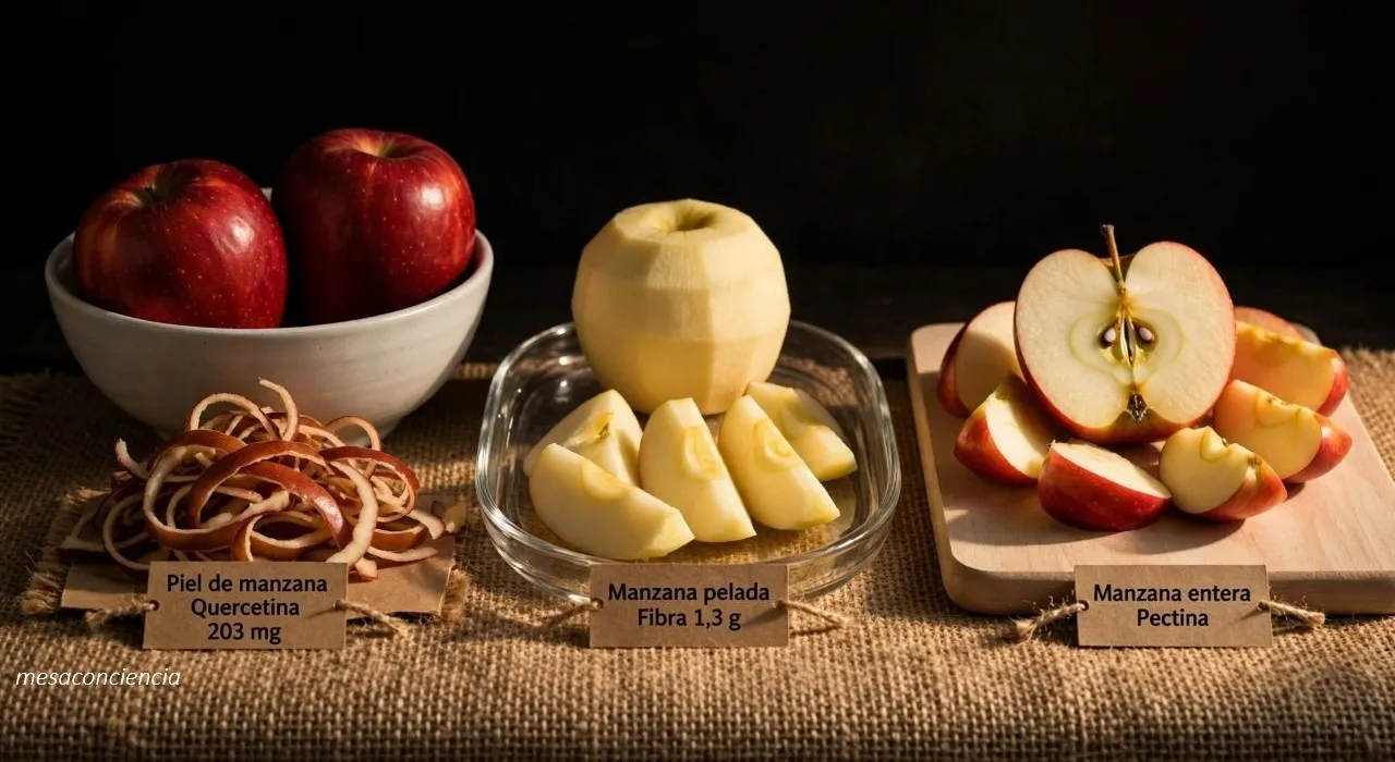 Fotografía editorial sobre fondo oscuro con manzana en tres formas: a la izquierda, un cuenco de cerámica clara con dos manzanas rojas enteras y, delante, un montón de tiras de piel de manzana pelada; en el centro, una bandeja de cristal transparente con una manzana pelada entera y varios gajos pelados; a la derecha, sobre una tabla de madera clara, una manzana entera cortada por la mitad mostrando el corazón y las semillas, con gajos frescos con piel alrededor. Cada grupo lleva una etiqueta de papel kraft: «Piel de manzana · Quercetina 203 mg», «Manzana pelada · Fibra 1,3 g» y «Manzana entera · Pectina».