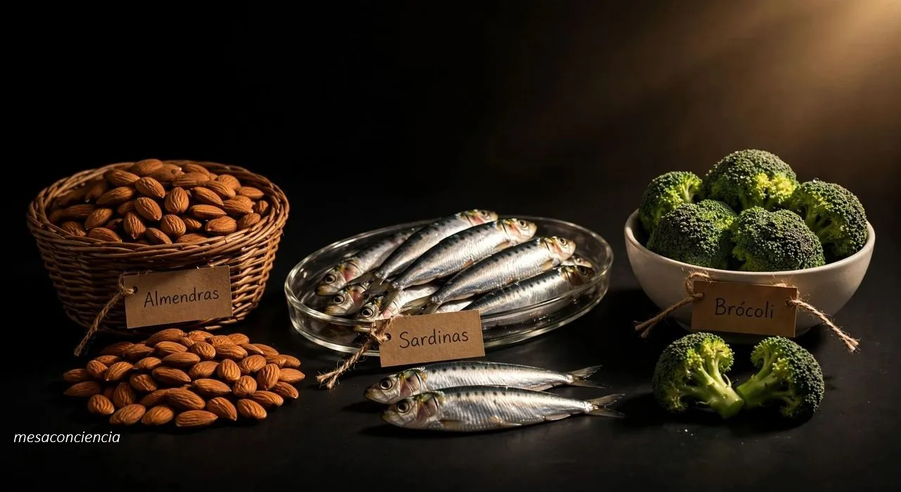 Mesa de madera rústica con tela de lino: cuatro sardinas en tabla rectangular central, cuencos de almendras, avena, arroz integral y lentejas, brócoli, huevo roto, plátano y queso curado