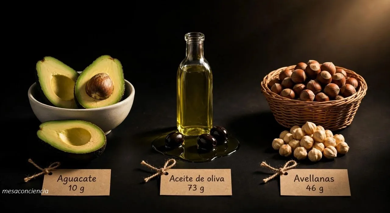 Mesa de madera rústica con tela de lino: botella de aceite de oliva virgen extra en plato redondo central, aguacate abierto, cuenco de aceitunas verdes y negras, cuenco de almendras, cuenco de avellanas y ramas de romero dispersas