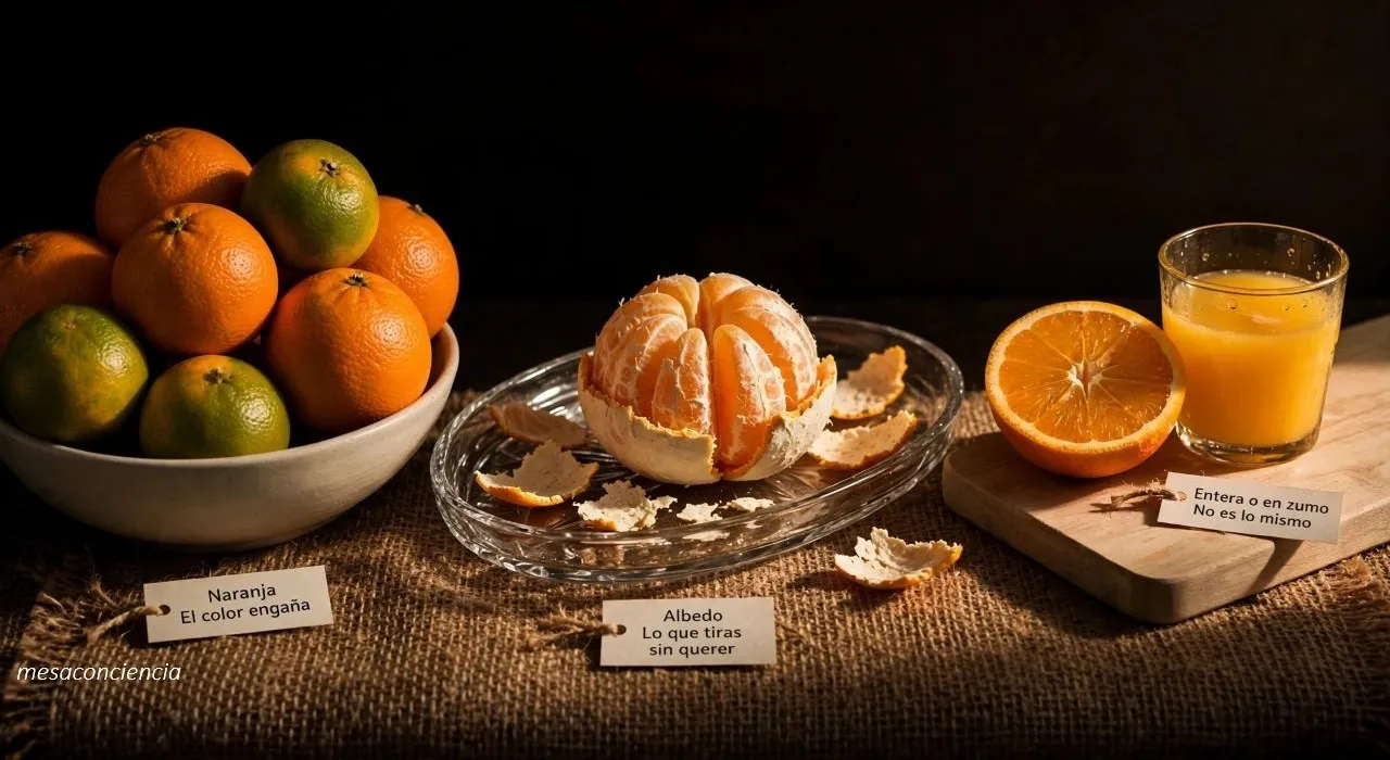 Fotografía editorial sobre fondo oscuro con naranja en tres grupos: a la izquierda, un cuenco de cerámica clara con naranjas enteras de piel naranja intensa y alguna con zona verdosa junto al tallo; en el centro, una bandeja de cristal transparente con una naranja pelada mostrando la capa blanca intacta alrededor de los gajos, con tiras sueltas de esa capa; a la derecha, sobre una tabla de madera clara, una naranja cortada por la mitad junto a un vaso de zumo recién exprimido. Cada grupo lleva una etiqueta de papel kraft: «Naranja · El color engaña», «Albedo · Lo que tiras sin querer» y «Entera o en zumo · No es lo mismo».