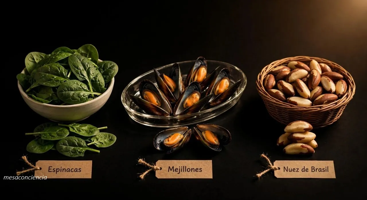 Mesa de madera con tela de lino: cuenco central de mejillones abiertos, platito de sardinas, cuencos de semillas de calabaza y lentejas, nueces de Brasil, espinacas frescas y carne roja