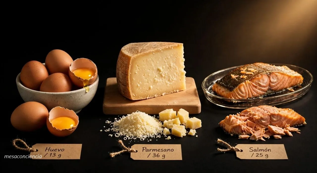 Mesa de madera rústica con tela de lino: rodaja de salmón en plato redondo central, platito de sardinas, tarro de yogur con cuchara de madera, dos huevos rotos con yemas visibles, pechuga de pollo cruda y queso curado