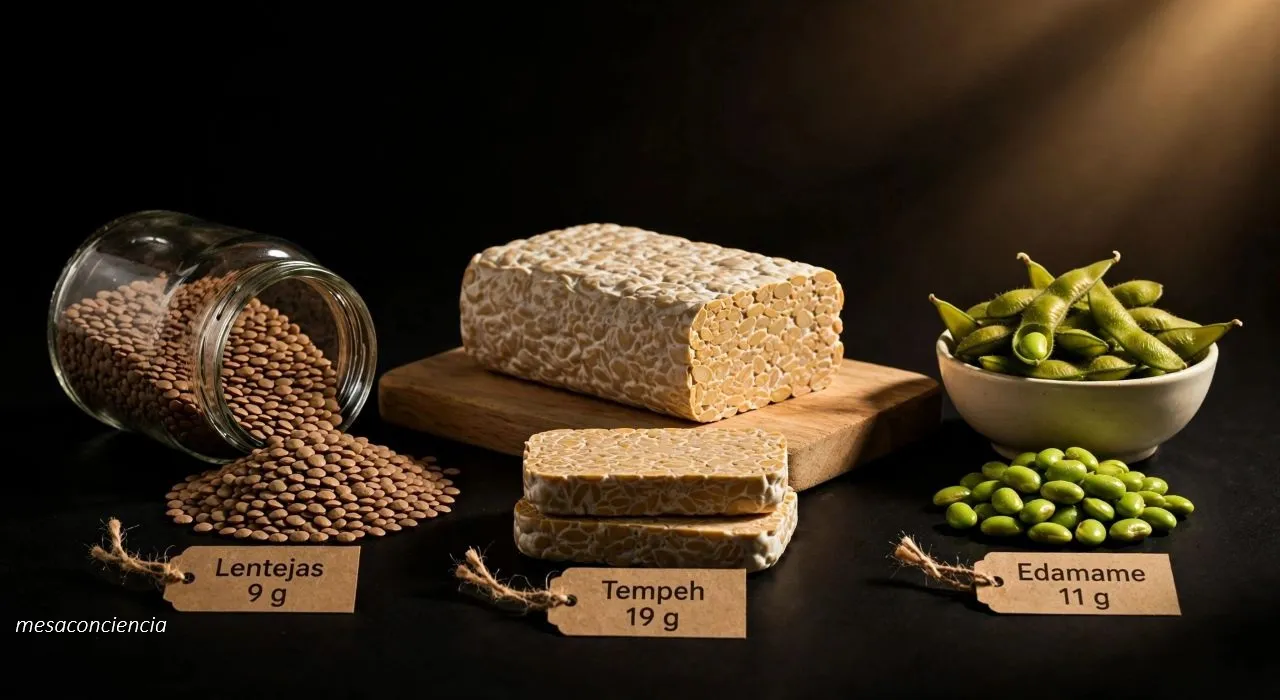 Mesa de madera rústica con tela de lino: bloque de tofu en plato redondo central, tabla con lonchas de tempeh, cuencos de garbanzos, lentejas, semillas de cáñamo y chía, edamame en vainas, quinoa y almendras dispersas