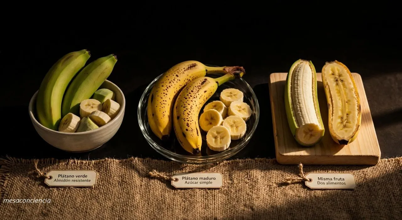 Fotografía editorial sobre fondo oscuro con plátano en tres grupos: a la izquierda, un cuenco de cerámica clara con plátanos verdes enteros y otro cortado en rodajas; en el centro, una bandeja de cristal transparente con plátanos maduros con motas oscuras, uno de ellos pelado y cortado en rodajas; a la derecha, sobre una tabla de madera clara, un plátano entero partido por la mitad a lo largo mostrando el interior. Cada grupo lleva una etiqueta de papel kraft: «Plátano verde · Almidón resistente», «Plátano maduro · Azúcar simple» y «Misma fruta · Dos alimentos».