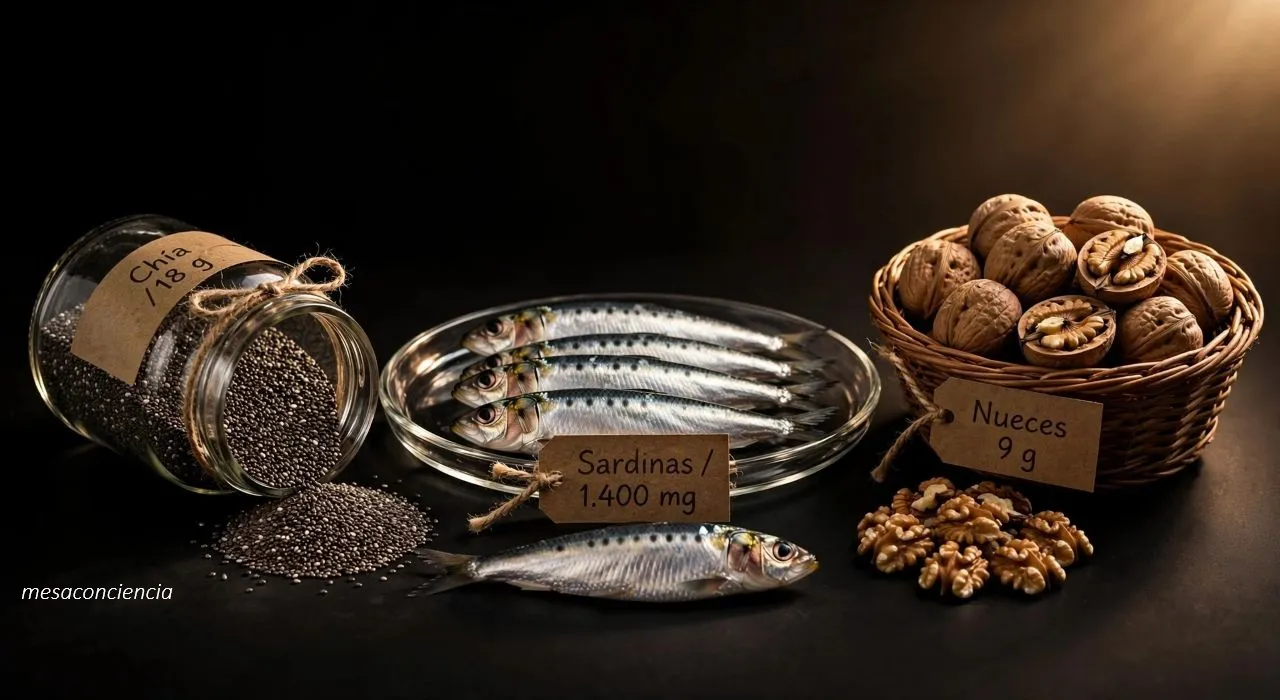 Mesa de madera rústica con tela de lino: rodaja de salmón en plato redondo central, cuencos de nueces, semillas de lino oscuras, semillas de chía y pipas de girasol, tres sardinas pequeñas y eneldo disperso