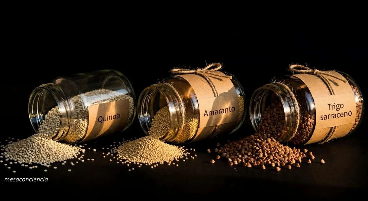 Fotografía editorial sobre fondo oscuro con tres tarros de cristal tumbados, cada uno con una etiqueta de papel kraft envuelta alrededor del propio tarro y atada con cordel de yute: a la izquierda, un tarro con quinoa blanca derramada, etiqueta «Quinoa»; en el centro, un tarro con amaranto dorado derramado, etiqueta «Amaranto»; a la derecha, un tarro con grano triangular de trigo sarraceno derramado, etiqueta «Trigo sarraceno».