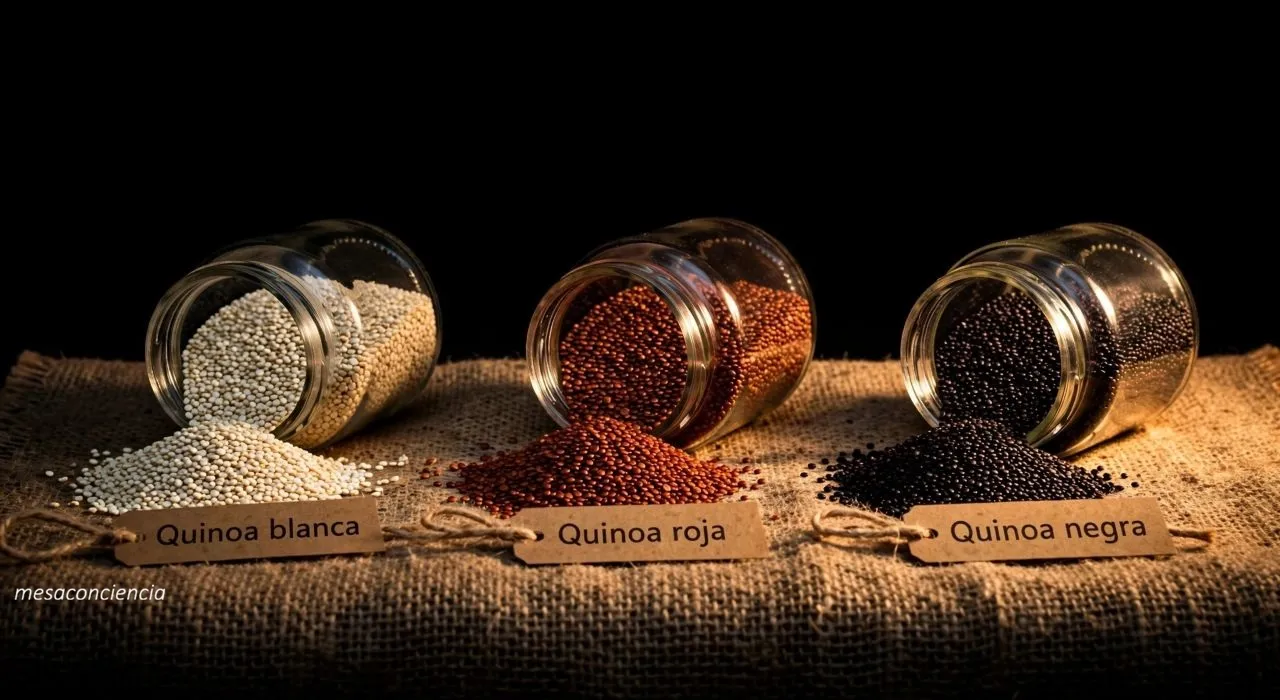 Fotografía editorial sobre fondo oscuro con tres tarros de cristal tumbados sobre un paño de arpillera, cada uno derramando su contenido: a la izquierda, quinoa blanca; en el centro, quinoa roja; a la derecha, quinoa negra. Cada montón lleva una etiqueta de papel kraft atada con cordel: «Quinoa blanca», «Quinoa roja» y «Quinoa negra».
