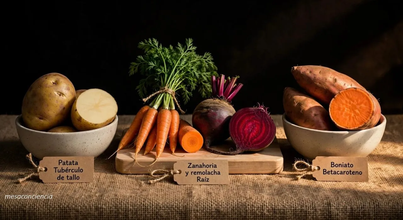 Fotografía editorial sobre fondo oscuro con tres raíces y tubérculos: a la izquierda, un cuenco de cerámica clara con patatas, una entera mostrando los ojos de la piel y otra cortada por la mitad; en el centro, sobre una tabla de madera clara, un manojo de zanahorias y una remolacha entera junto a otra partida por la mitad mostrando los anillos rojo violáceo; a la derecha, un cuenco de cerámica clara con boniatos enteros y uno cortado mostrando la pulpa naranja. Cada grupo lleva una etiqueta de papel kraft: «Patata · Tubérculo de tallo», «Zanahoria y remolacha · Raíz» y «Boniato · Betacaroteno».