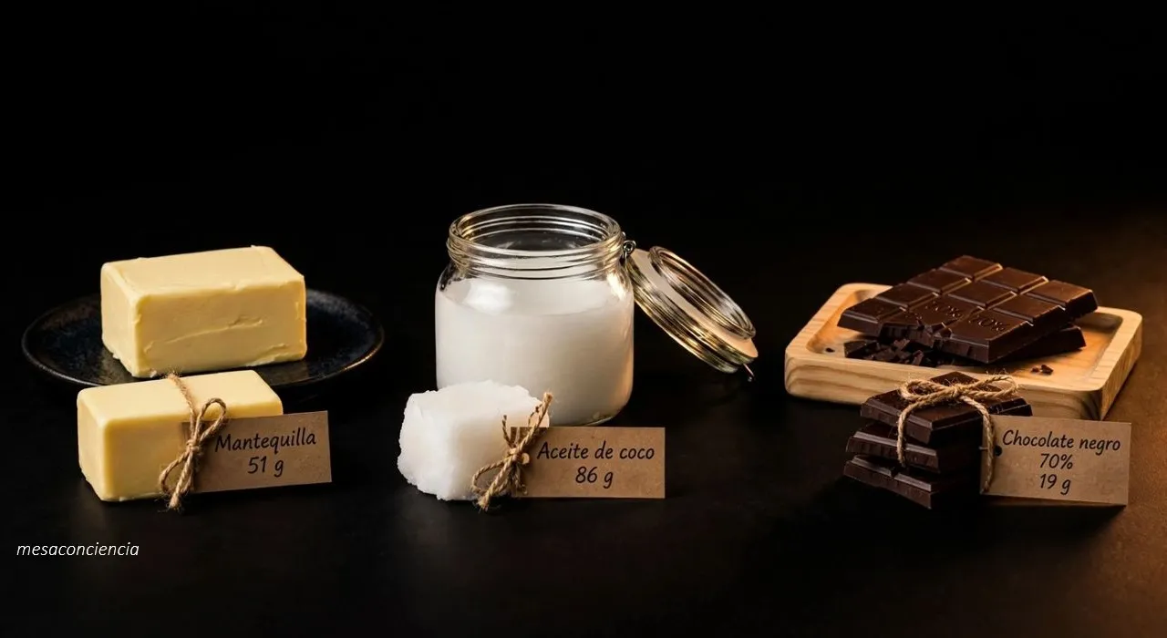 Fondo negro con tres fuentes de grasas saturadas: bloque de mantequilla sobre plato de cerámica clara (51 g), tarro de cristal con aceite de coco sólido blanco (86 g) y tableta de chocolate negro 70% sobre tabla de madera clara (19 g), cada uno con su montón delante y etiqueta kraft con la concentración por 100 g
