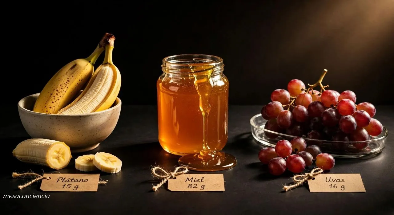 Mesa de madera rústica con tela de lino: tarro de miel con palillo de madera en plato redondo central, platito de dátiles, cuenco de azúcar moreno, racimo de uvas rojas, fresas, plátano entero y partido