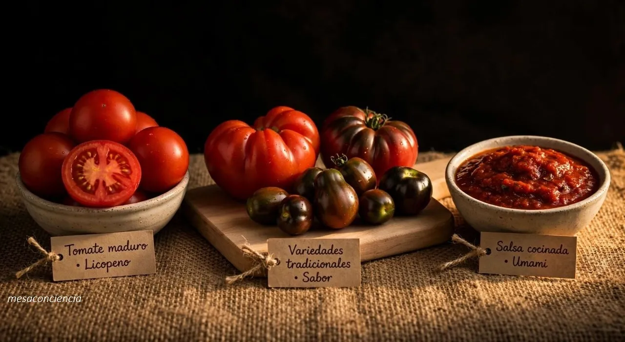 Fotografía editorial sobre fondo oscuro con tomate en tres formas: a la izquierda, un cuenco de cerámica clara con tomates de variedad comercial, uno entero y otro partido por la mitad mostrando el interior rojo intenso; en el centro, sobre una tabla de madera clara, tomates de variedades tradicionales —corazón de buey y kumato— de formas irregulares y colores desiguales; a la derecha, un cuenco de cerámica clara con salsa de tomate casera recién cocinada. Cada grupo lleva una etiqueta de papel kraft: «Tomate maduro · Licopeno», «Variedades tradicionales · Sabor» y «Salsa cocinada · Umami».