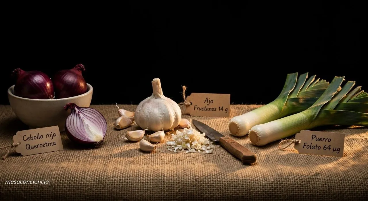 Fotografía editorial sobre fondo oscuro con tres verduras de bulbo: a la izquierda, dos cebollas rojas enteras en un cuenco de cerámica claro y, delante, media cebolla roja que muestra los anillos; en el centro, una cabeza de ajo con varios dientes sueltos, un montón de ajo picado y un cuchillo; a la derecha, dos puerros con la base blanca y las hojas verdes. Cada grupo lleva una etiqueta de papel kraft: «Cebolla roja · Quercetina», «Ajo · Fructanos 14 g» y «Puerro · Folato 64 µg».