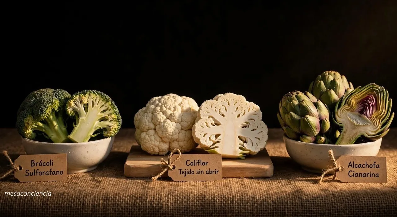 Fotografía editorial sobre fondo oscuro con tres verduras de flor: a la izquierda, un cuenco de cerámica clara con un brócoli entero y otro cortado por la mitad mostrando el racimo de yemas de flor apretadas; en el centro, sobre una tabla de madera clara, una coliflor entera blanca junto a un corte transversal que muestra la masa de tejido apretada; a la derecha, un cuenco de cerámica clara con dos alcachofas enteras y una partida por la mitad mostrando el corazón y la pelusa central. Cada grupo lleva una etiqueta de papel kraft: «Brócoli · Sulforafano», «Coliflor · Tejido sin abrir» y «Alcachofa · Cianarina».