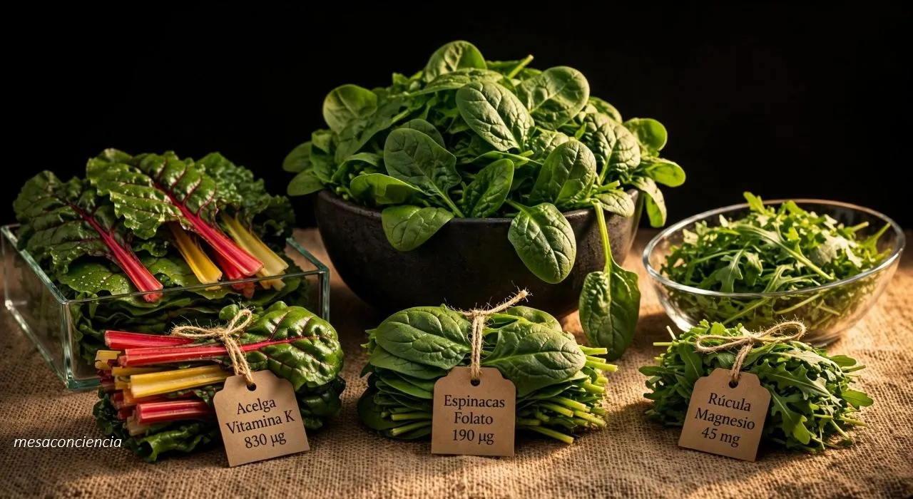 Fotografía editorial sobre fondo oscuro con tres verduras de hoja: a la izquierda, hojas de acelga con sus pencas de colores en una bandeja de cristal; en el centro, un cuenco de cerámica clara rebosante de espinaca fresca; a la derecha, hojas de rúcula en un cuenco de cristal. Delante de cada uno, un manojo de hojas atado con cordel de yute y una etiqueta de papel kraft con su nombre y un nutriente destacado: «Acelga · Vitamina K 830 µg», «Espinacas · Folato 190 µg» y «Rúcula · Magnesio 45 mg».