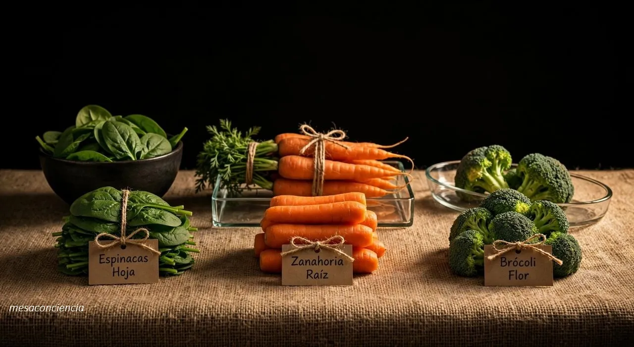 Tres verduras sobre fondo oscuro que representan distintas partes de la planta: espinacas en un cuenco de cerámica (hoja), un manojo de zanahorias con sus hojas en una bandeja de cristal (raíz) y ramilletes de brócoli en un cuenco de cristal (flor). Cada grupo tiene delante un montón del alimento atado con cordel de yute y una etiqueta de papel kraft con su nombre y la parte de la planta.