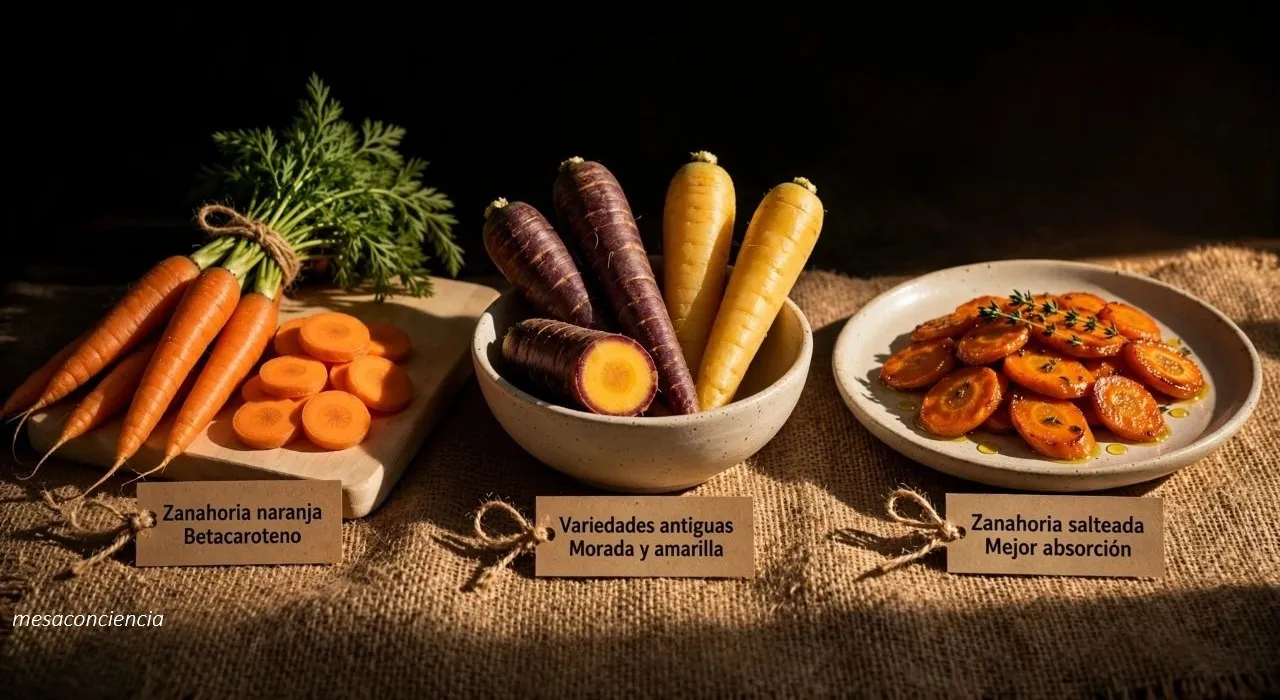 Fotografía editorial sobre fondo oscuro con zanahoria en tres formas: a la izquierda, un manojo de zanahorias naranjas enteras junto a una cortada en rodajas sobre una tabla de madera clara; en el centro, un cuenco de cerámica clara con zanahorias moradas y amarillas, una de ellas partida por la mitad mostrando el interior; a la derecha, un plato de cerámica clara con zanahoria salteada en rodajas con brillo de aceite. Cada grupo lleva una etiqueta de papel kraft: «Zanahoria naranja · Betacaroteno», «Variedades antiguas · Morada y amarilla» y «Zanahoria salteada · Mejor absorción».